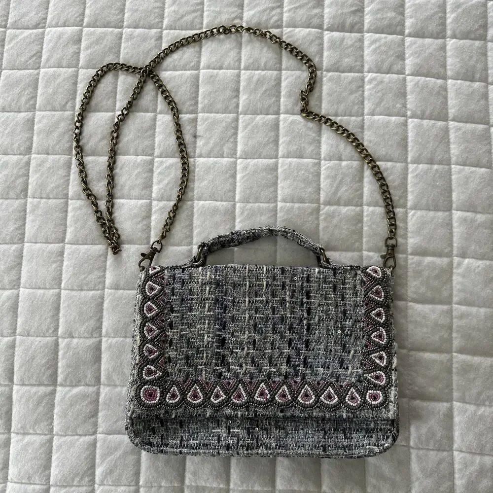 America & Beyond Shoulder Bag Blue Tweed Beaded Chain Crossbody Strap Preppy